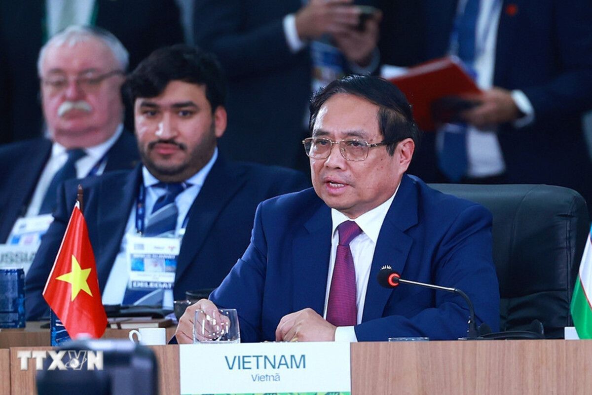 Thủ tướng Phạm Minh Chính phát biểu tại phiên thảo luận cấp cao "Tăng cường chủ nghĩa đa phương, các vấn đề kinh tế - tài chính và trí tuệ nhân tạo." (Ảnh: Dương Giang/TTXVN)