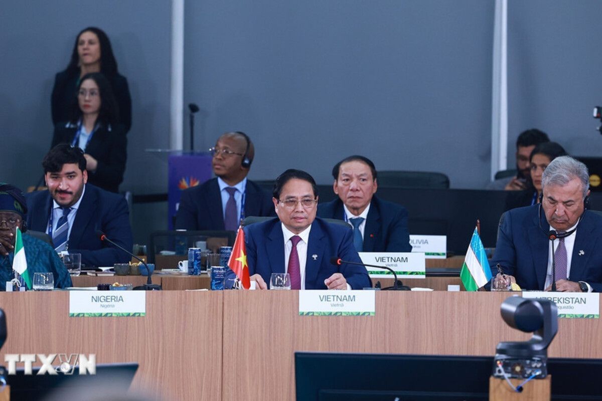 Thủ tướng Phạm Minh Chính phát biểu tại phiên thảo luận cấp cao "Tăng cường chủ nghĩa đa phương, các vấn đề kinh tế - tài chính và trí tuệ nhân tạo." (Ảnh: Dương Giang/TTXVN)