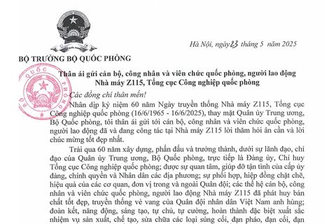 Đại tướng Phan Văn Giang gửi thư chúc mừng 60 năm Ngày truyền thống Nhà máy Z115