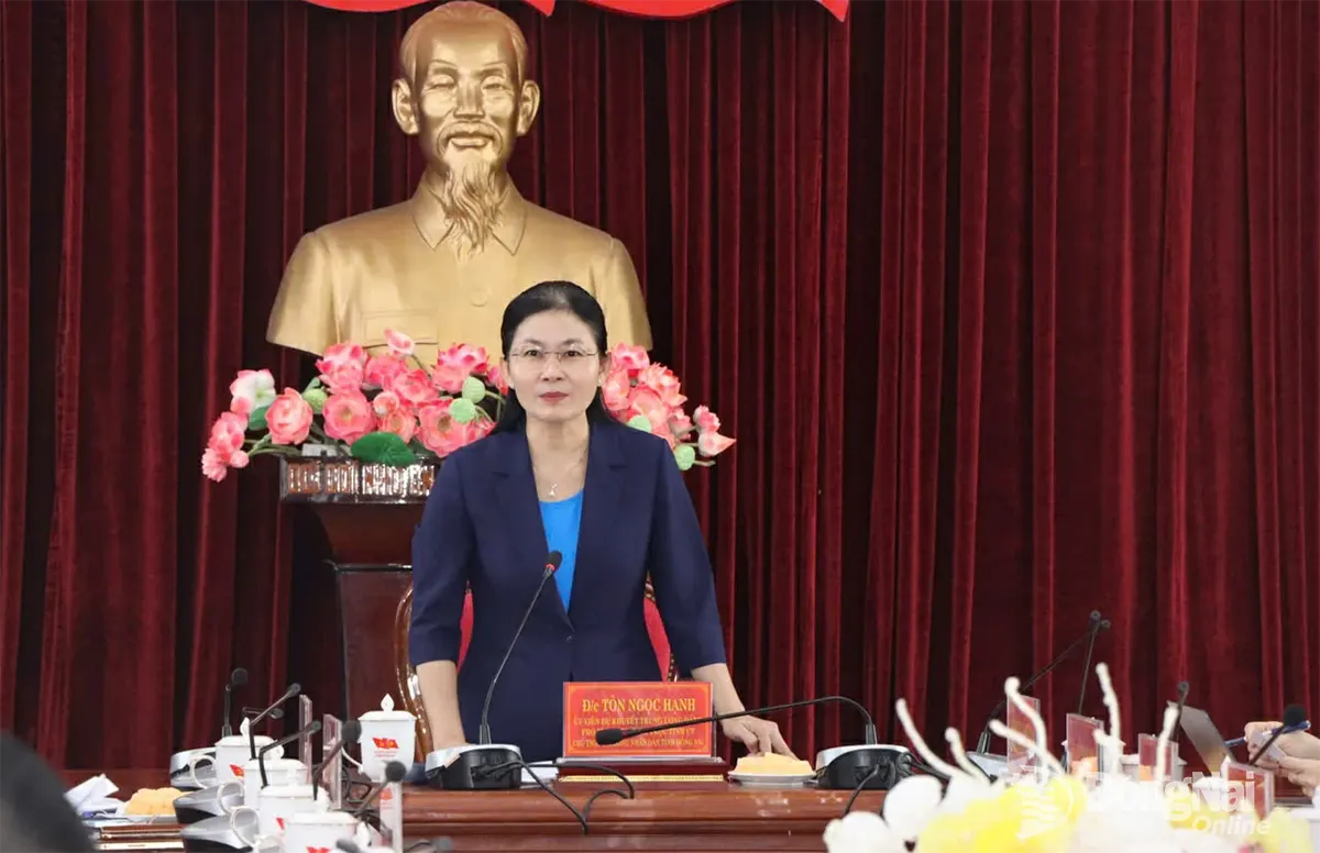 Ủy viên dự khuyết Ban Chấp hành Trung ương Đảng, Phó Bí thư thường trực Tỉnh ủy, Chủ tịch HĐND tỉnh Tôn Ngọc Hạnh phát biểu tại buổi làm việc.   